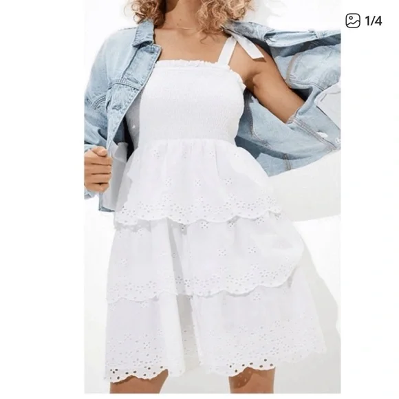 American eagle white eyelet smocked tiered dress with ties sz s - Picture 1 of 6